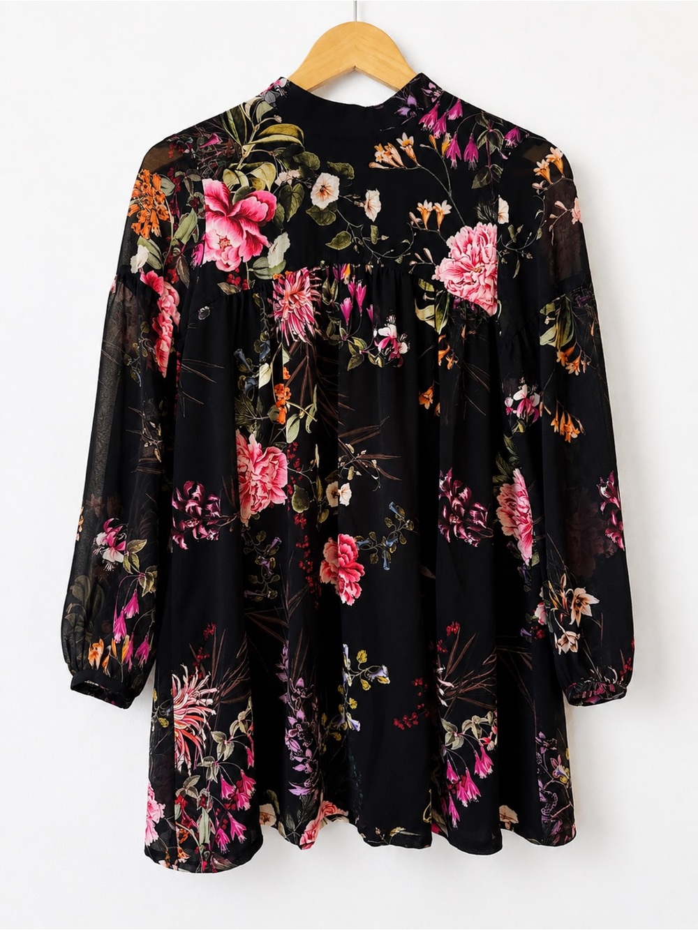 Lavender Brown Floral Sheer Babydoll‎ Dress Women’s Small High Neck Double Lined